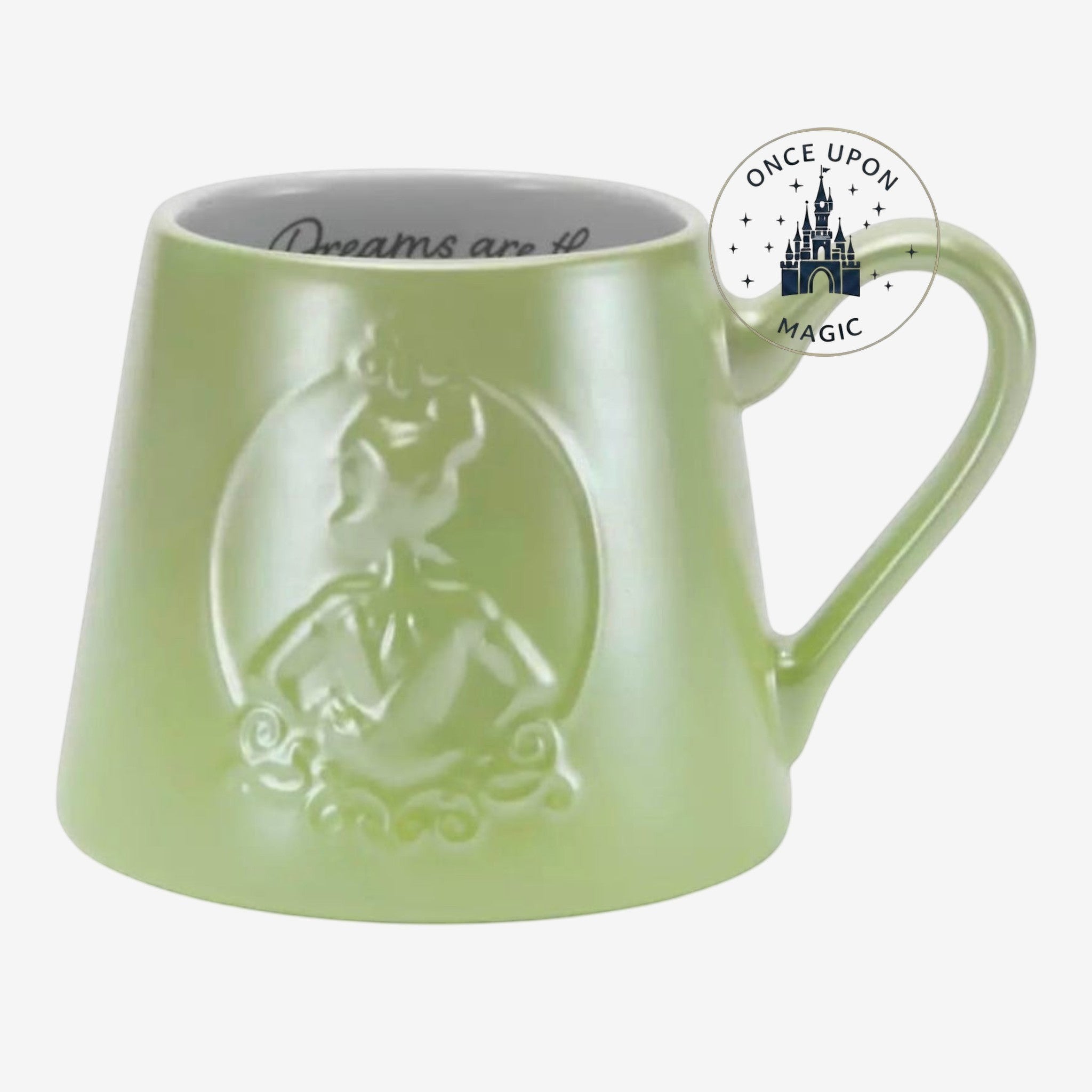 Once Upon Magic Tiana ceramic mug in light green with a raised crown design and interior quote from The Princess and the Frog