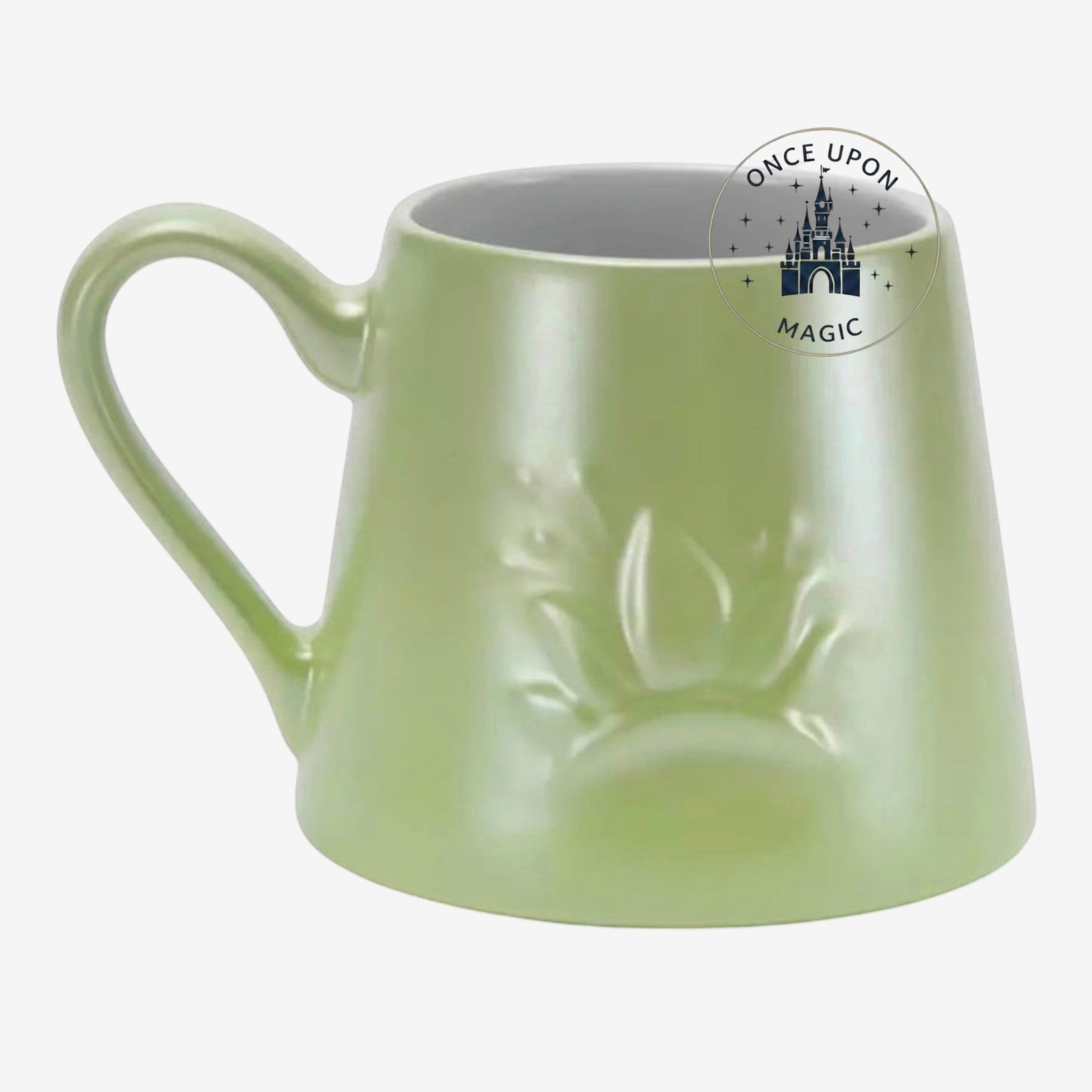 Once Upon Magic Tiana ceramic mug in light green with an embossed crown design, inspired by The Princess and the Frog.