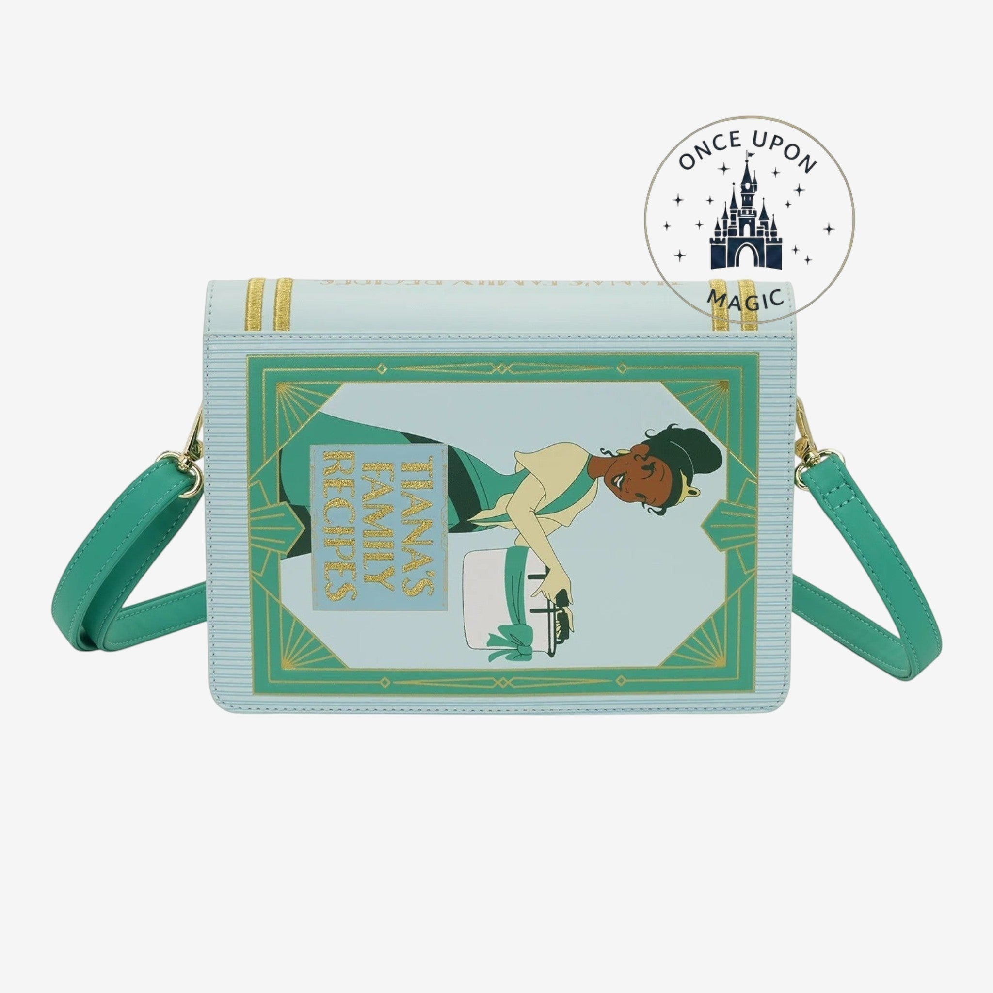 Once Upon Magic light blue faux leather crossbody bag designed as a storybook with Princess Tiana illustration and gold trim.