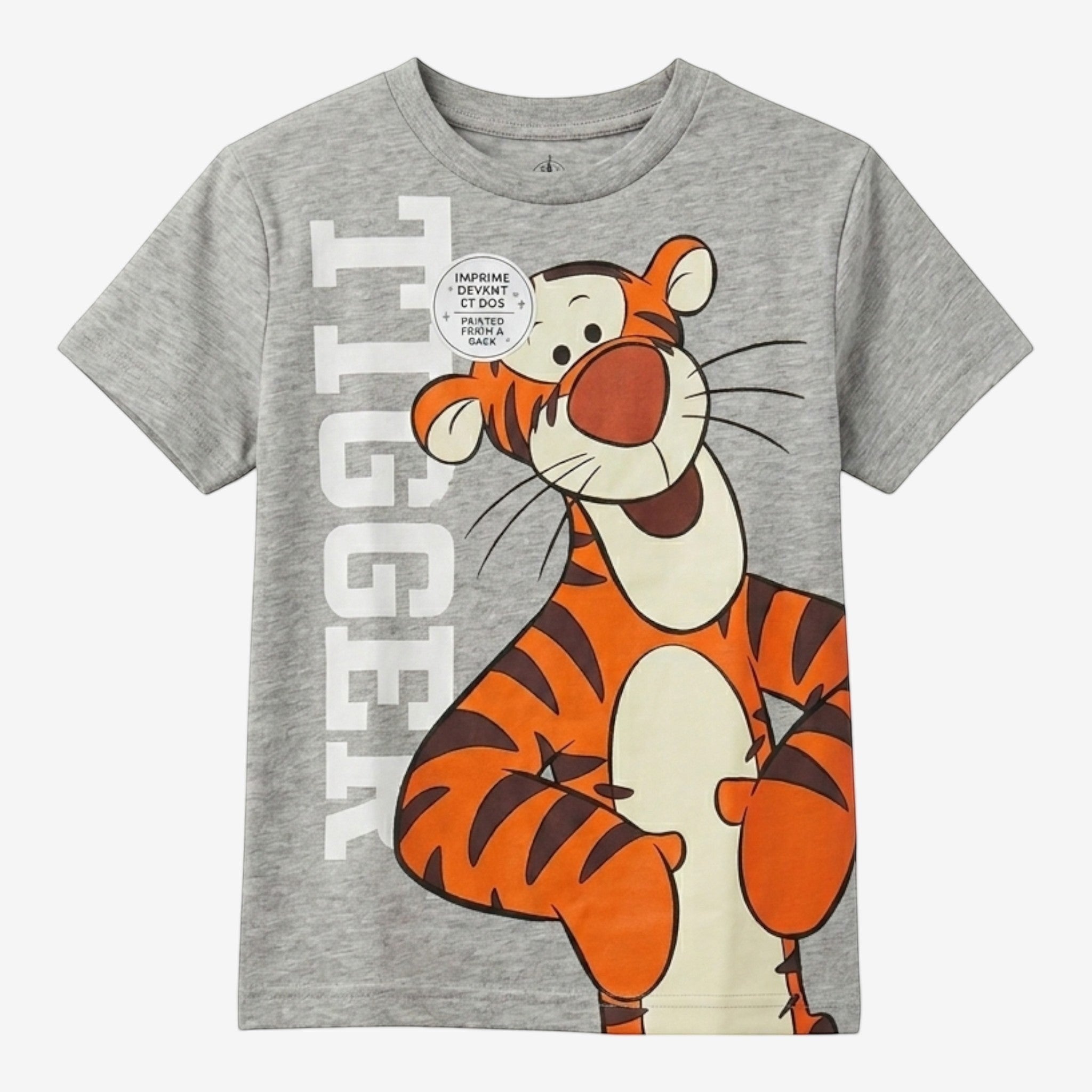 Once Upon Magic grey cotton t-shirt with a large Tigger graphic and "Tigger" text down the side.