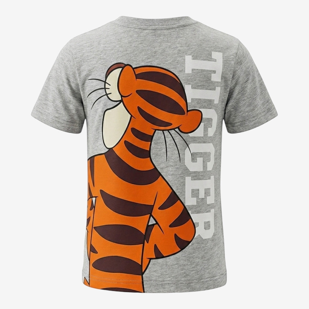 Once Upon Magic grey cotton t-shirt with a Tigger graphic on the back and the word Tigger vertically printed.