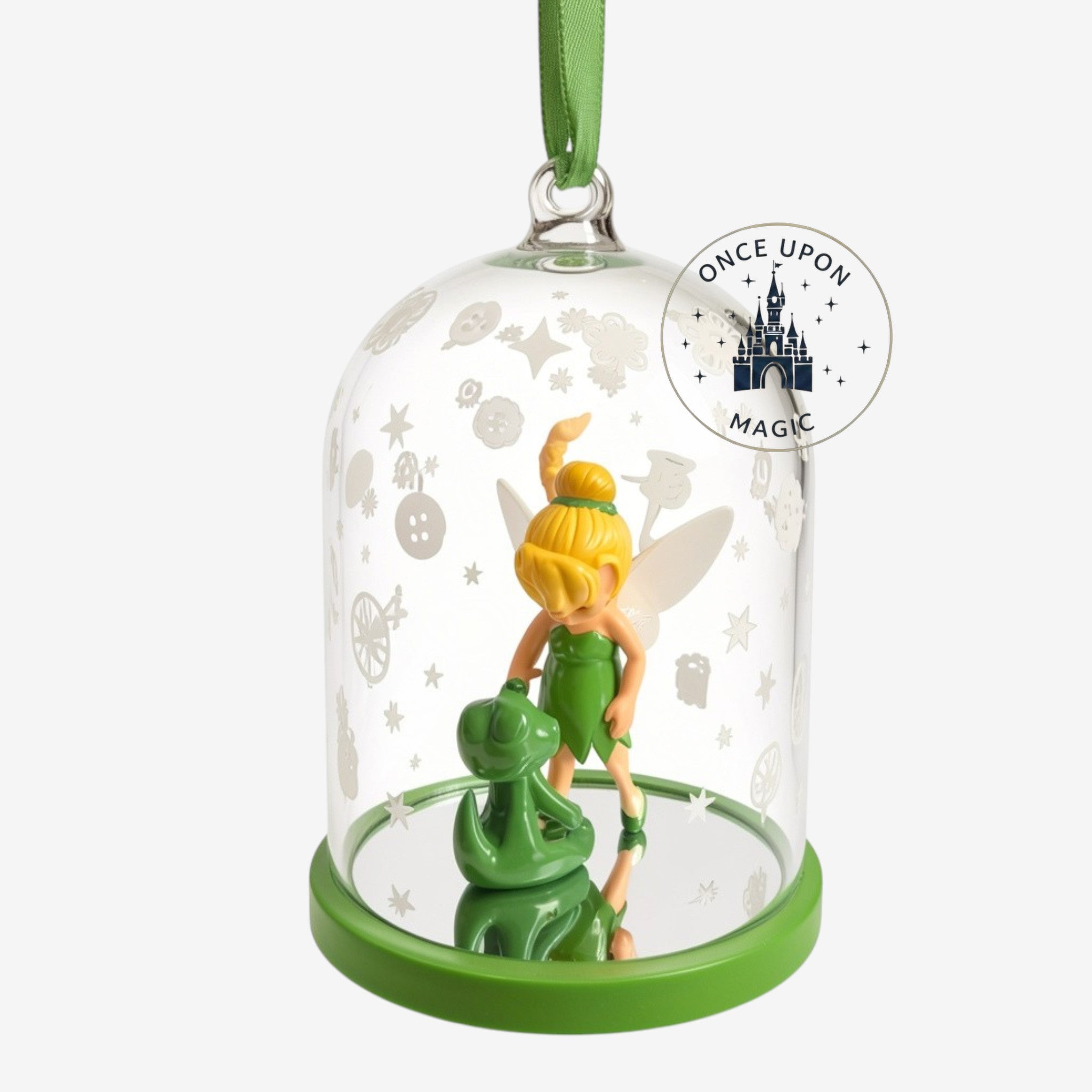 Once Upon Magic Tinker Bell Christmas ornament featuring the fairy in a glass dome with a green base and ribbon