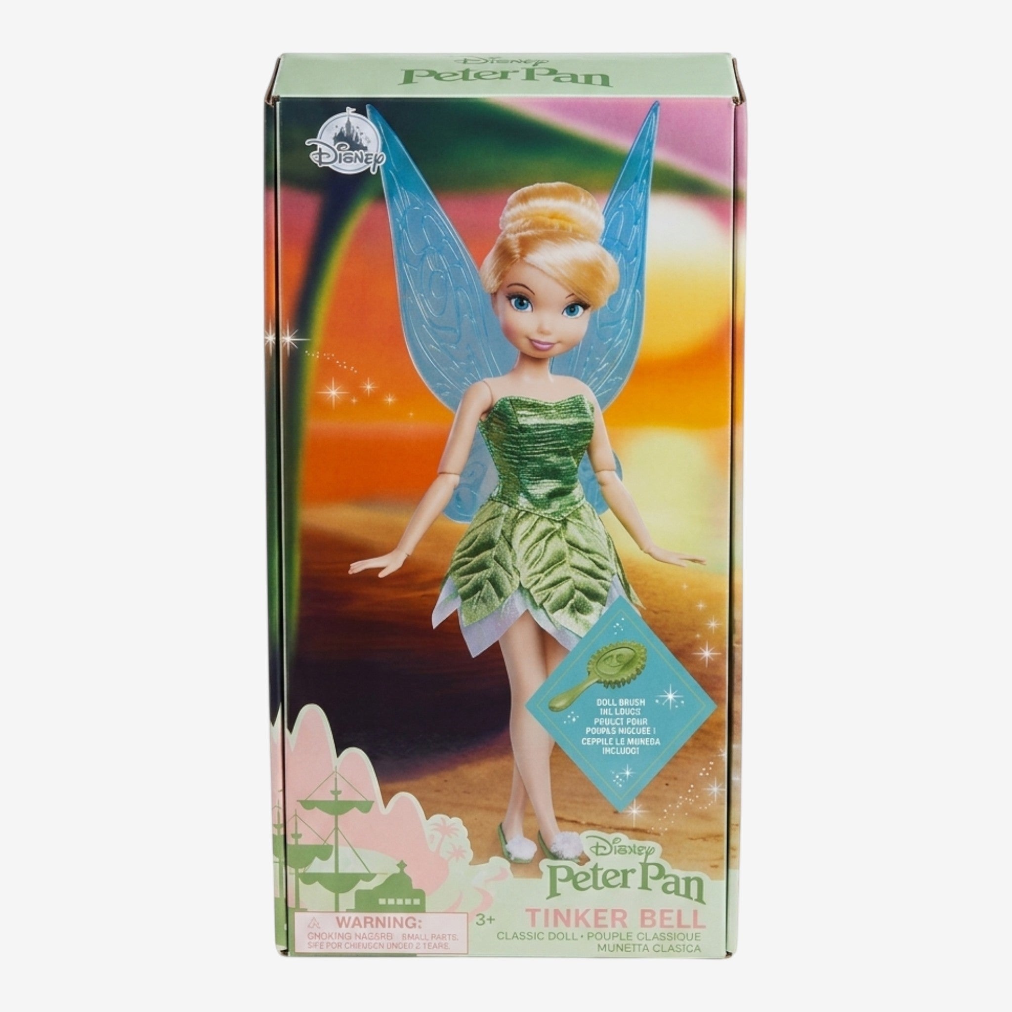 Once Upon Magic Tinker Bell doll from Peter Pan, wearing a green leaf-textured dress and translucent wings.