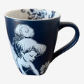 Once Upon Magic navy ceramic mug with black and white illustration of Tinker Bell surrounded by flowers and butterflies.