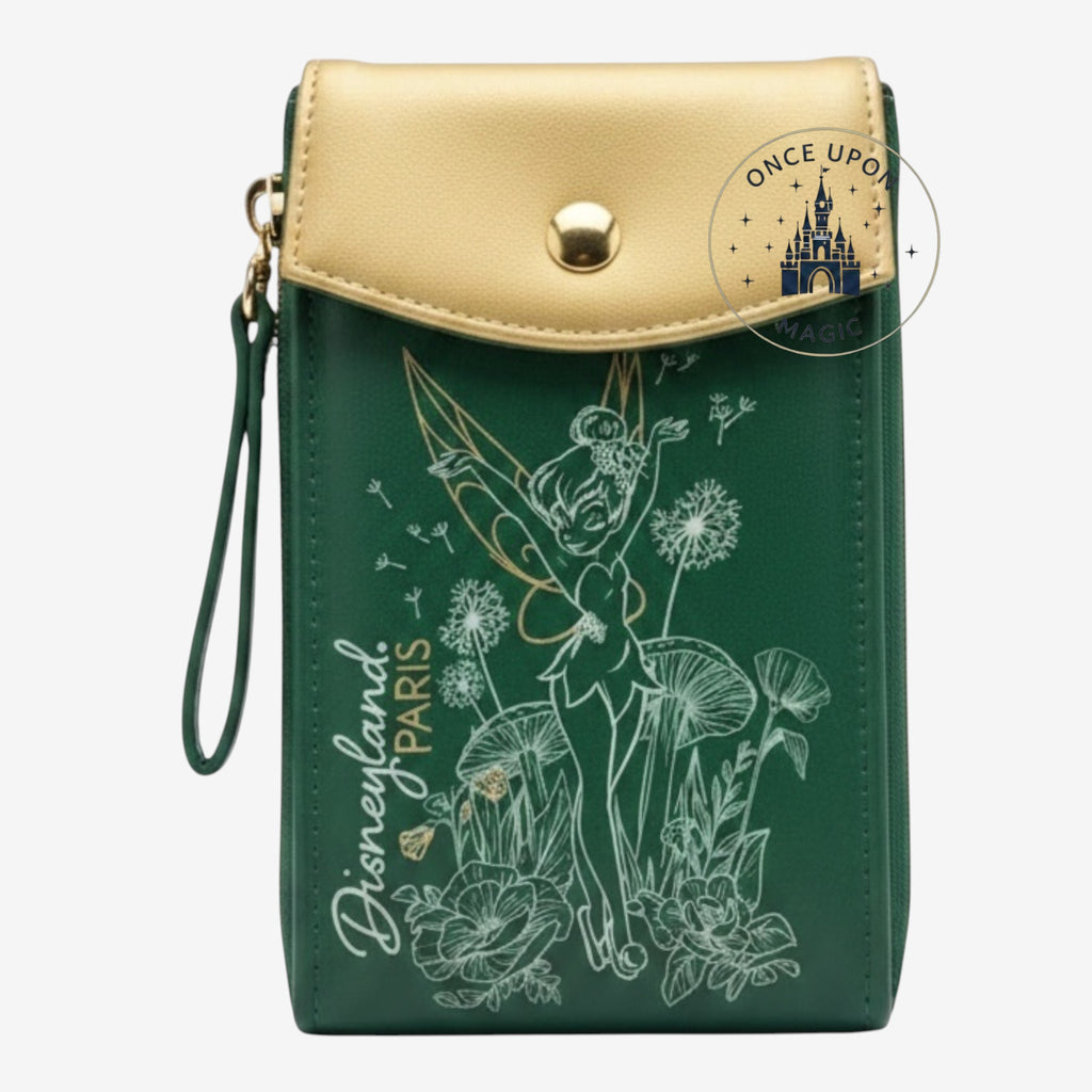 Once Upon Magic green crossbody bag with Tinkerbell illustration and gold flap. Disneyland Paris exclusive.