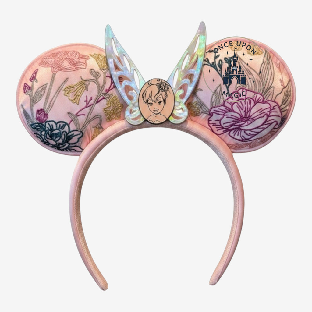Once Upon Magic pink floral embroidered ears with Tinkerbell and iridescent wings, Disneyland Paris exclusive.