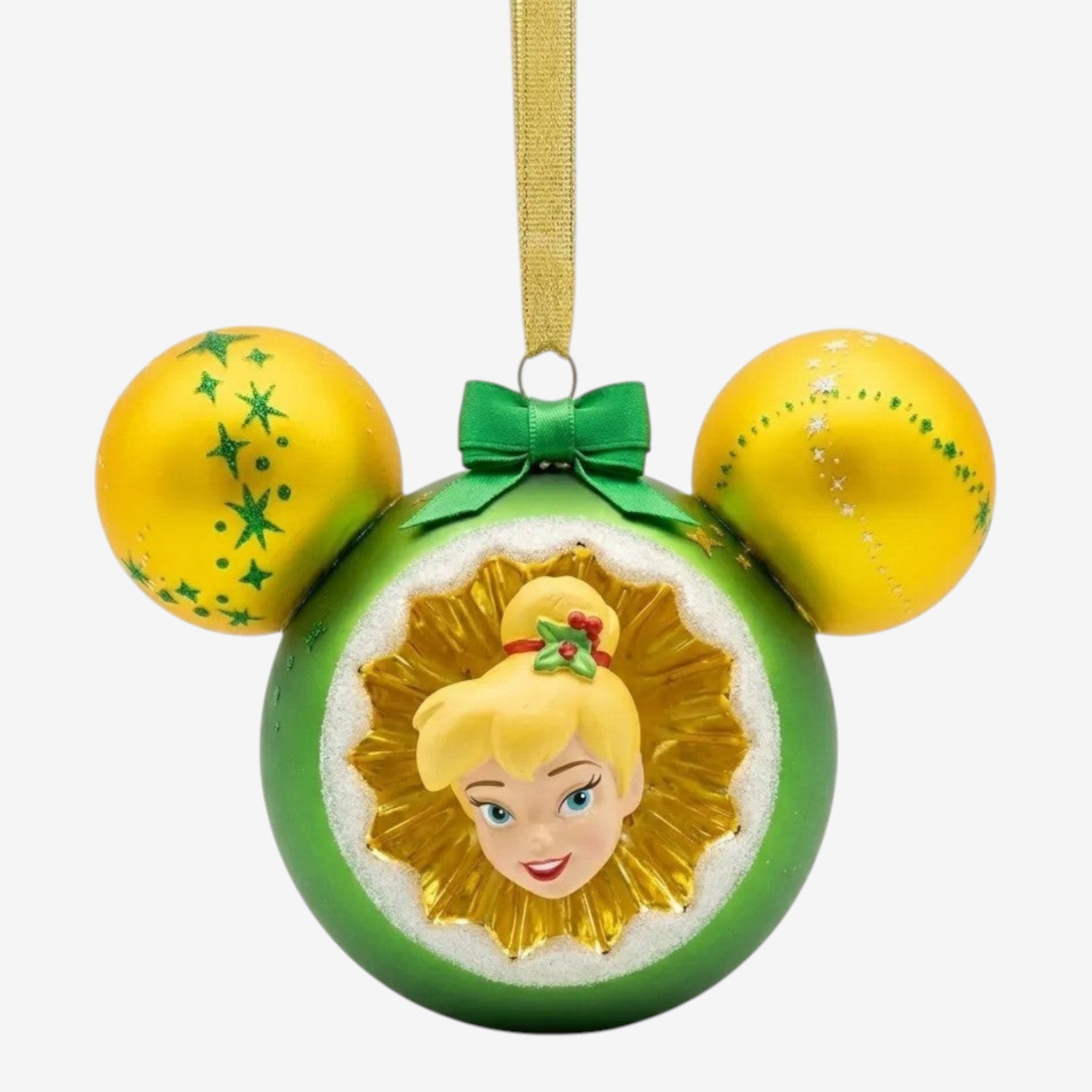 Once Upon Magic Tinkerbell Mickey Mouse ear holiday ornament, green with gold stars, featuring Tinkerbell's face.