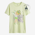 Once Upon Magic light green oversized T-shirt with Tinkerbell graphic and "Always Late But Pretty" slogan.