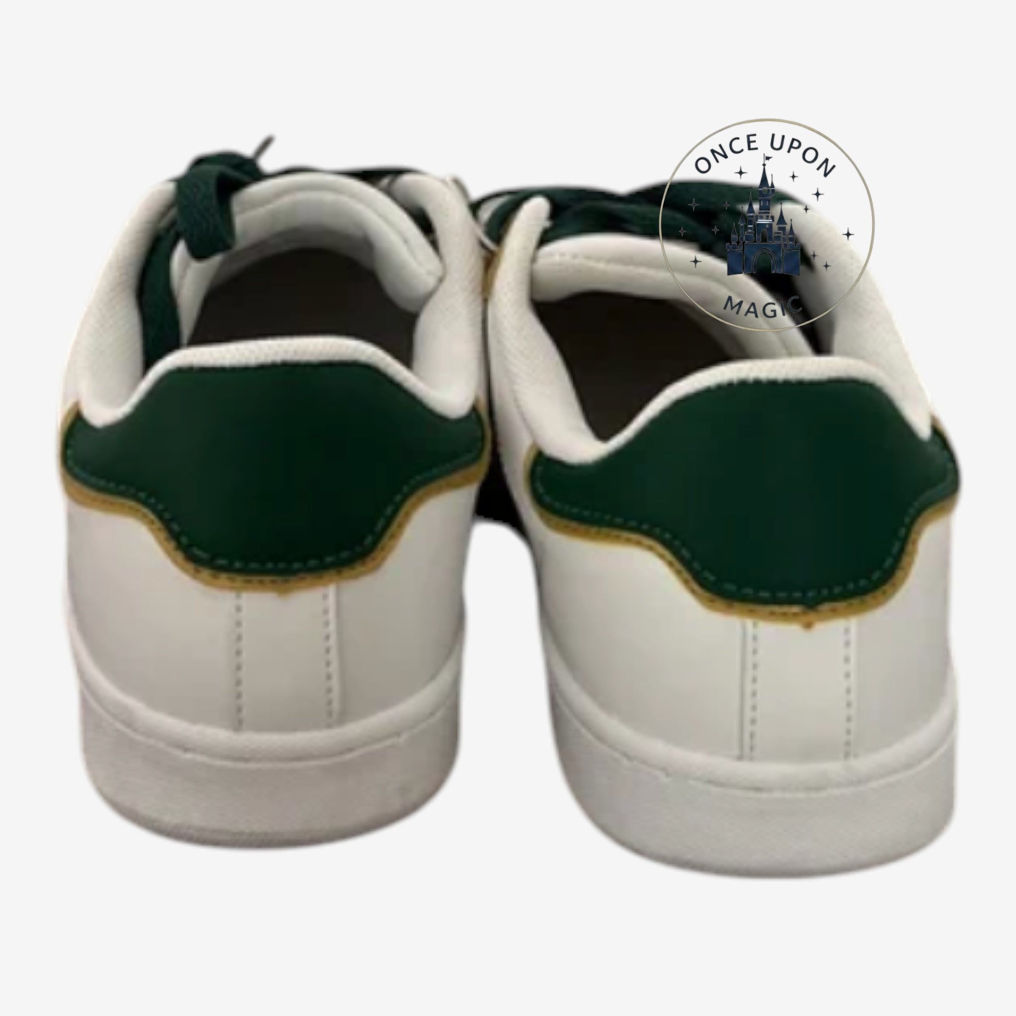 Once Upon Magic white low-top sneakers with green heel tab and gold trim, inspired by Tinkerbell.
