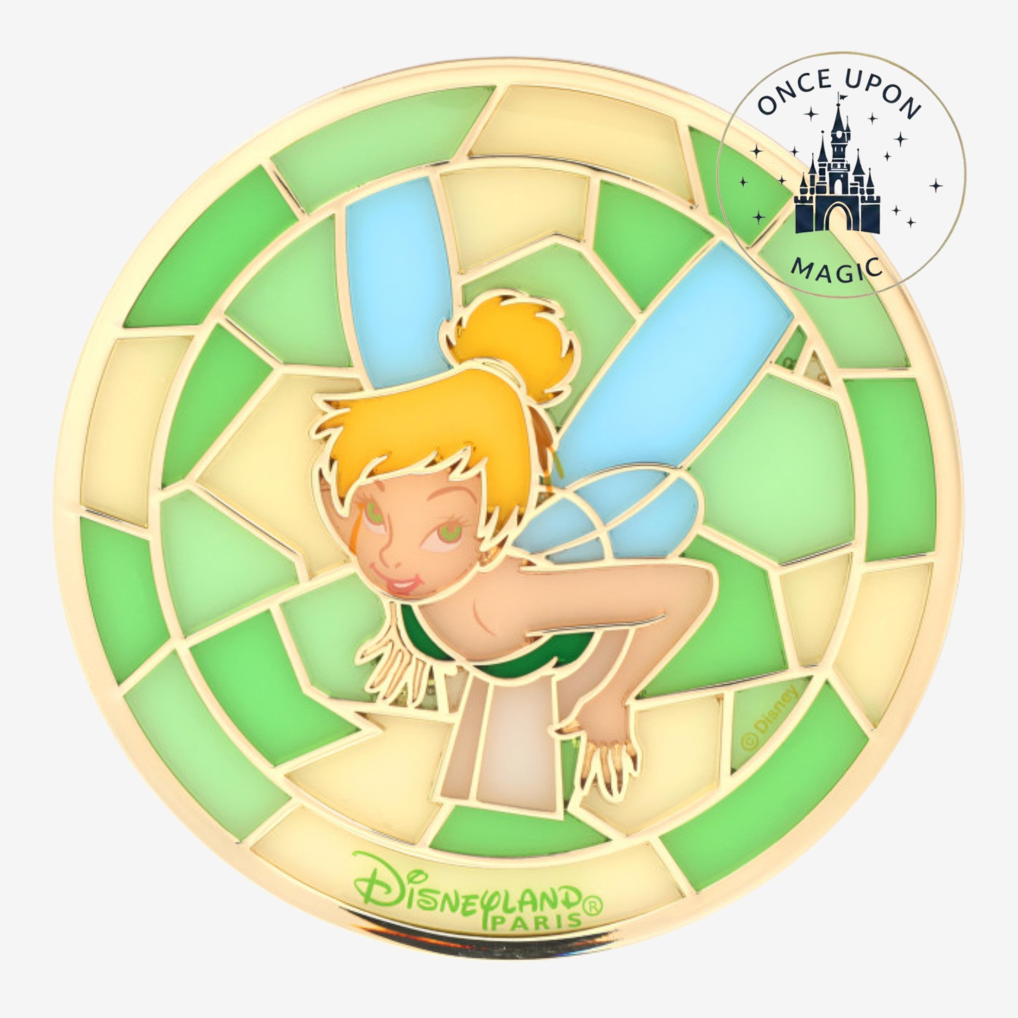 Vitrail décoratif Clochette Disneyland Paris avec effet verre teinté vert et bordure dorée