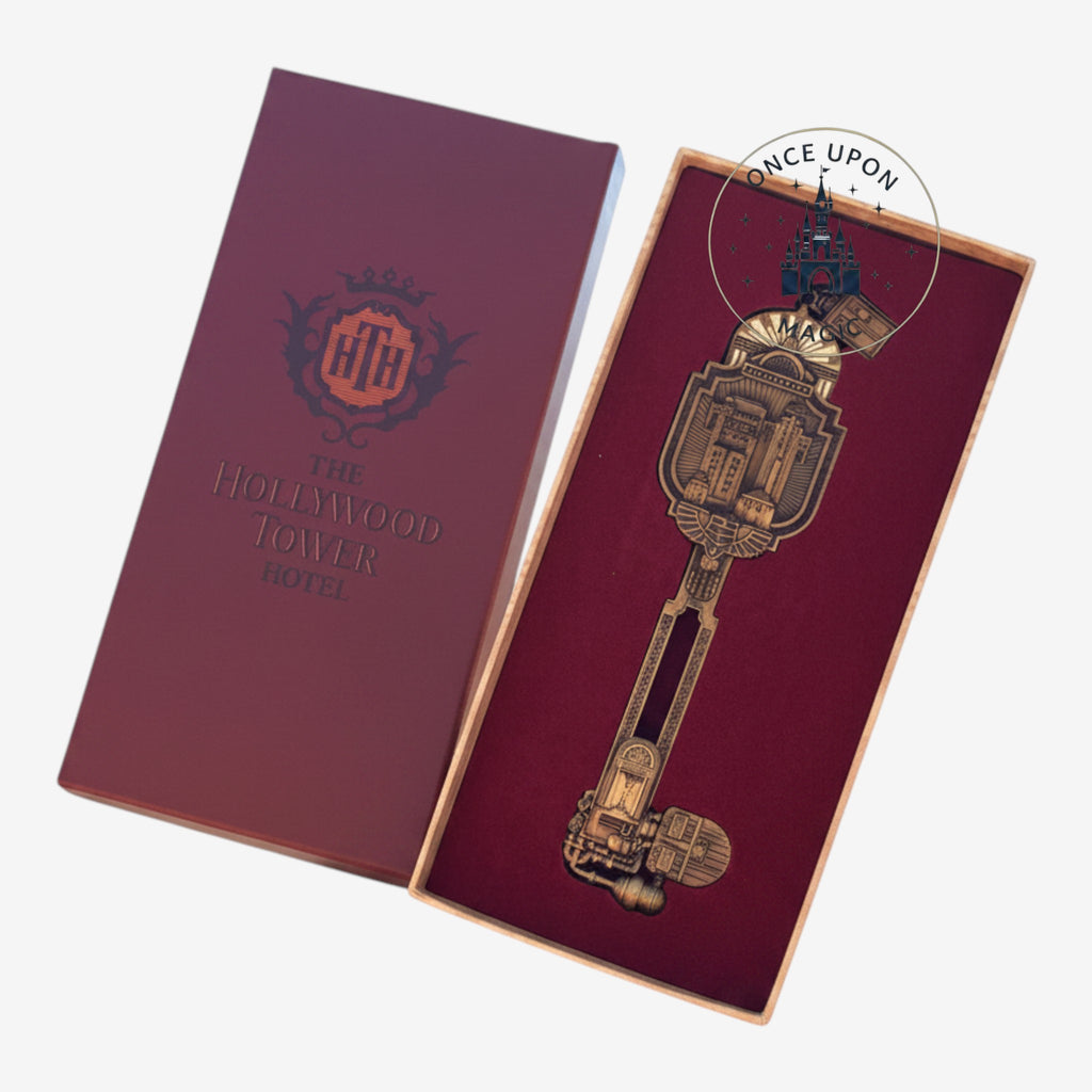 Once Upon Magic jumbo collectible key featuring Art Deco Hollywood Tower Hotel design in a burgundy presentation box.