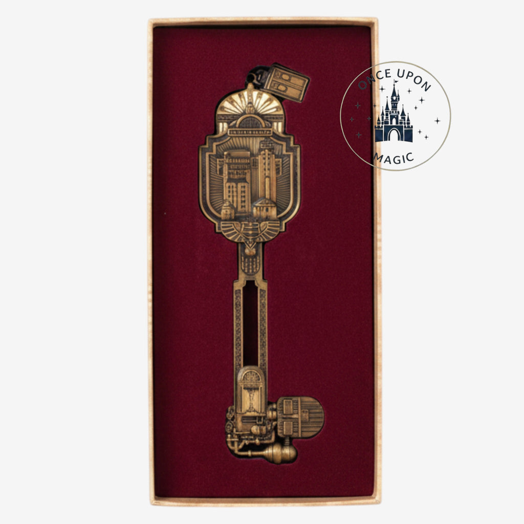 Once Upon Magic jumbo collectible key featuring Art Deco Tower of Terror design in aged gold metal in bordeaux box