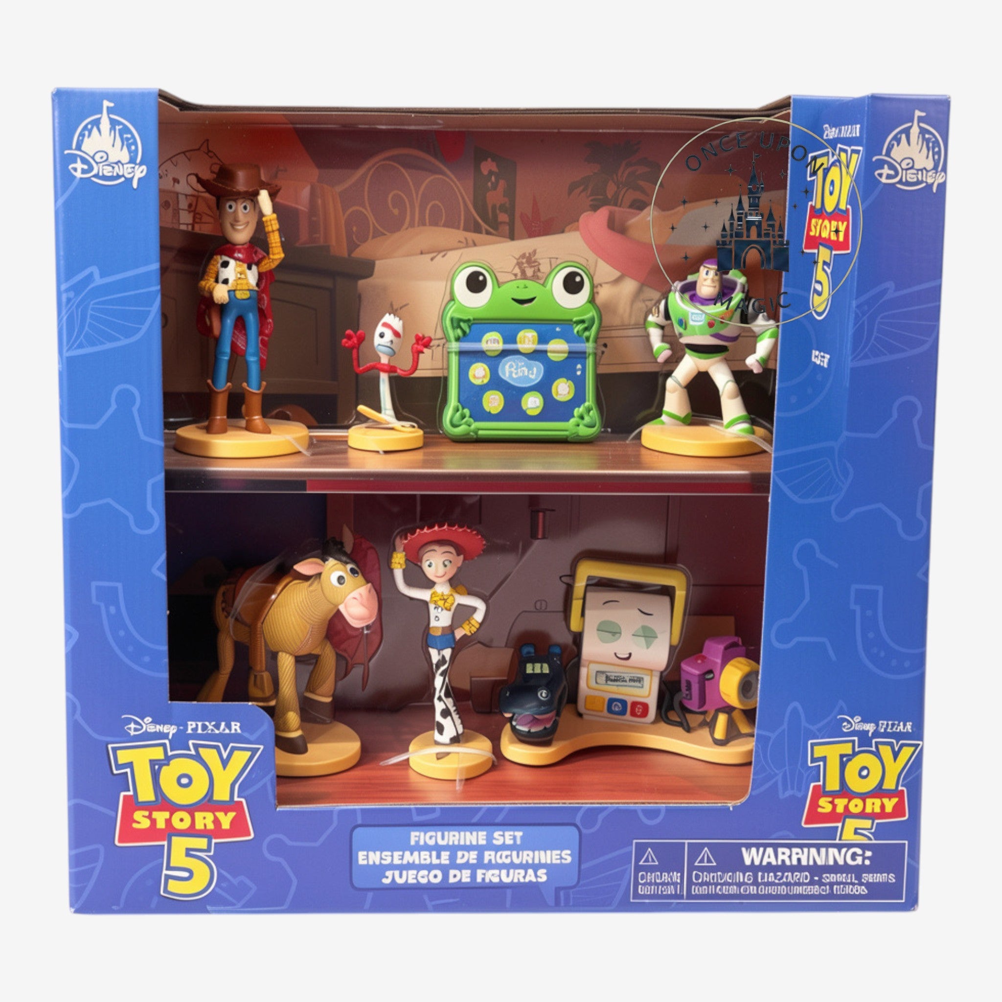 Ensemble de figurines Toy Story 5 de Once Upon Magic, incluant Woody, Buzz, Jessie, Forky, un cheval et d'autres personnages du film.