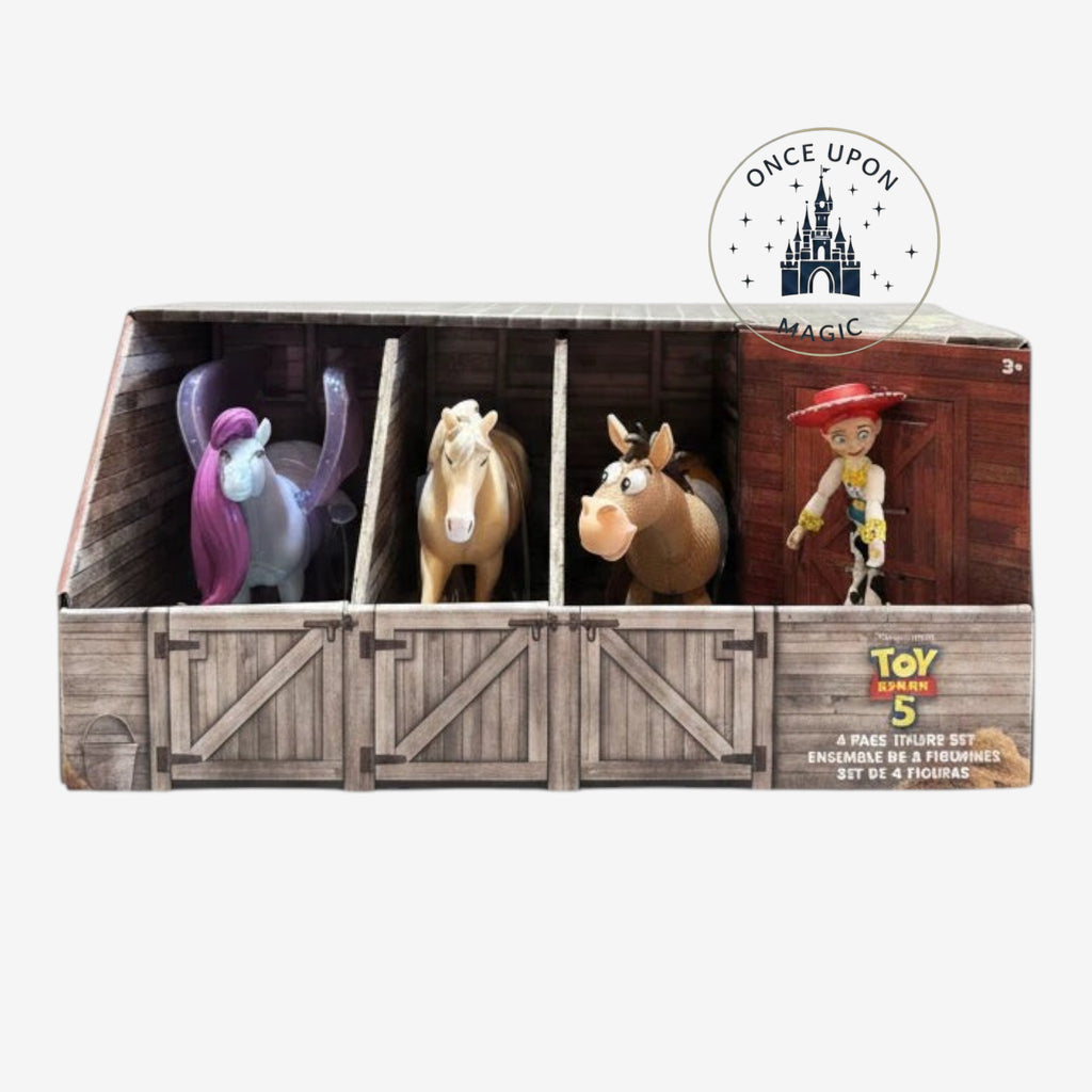 Once Upon Magic Toy Story 5 collector set featuring Jessie and three horse figurines in a stable display box