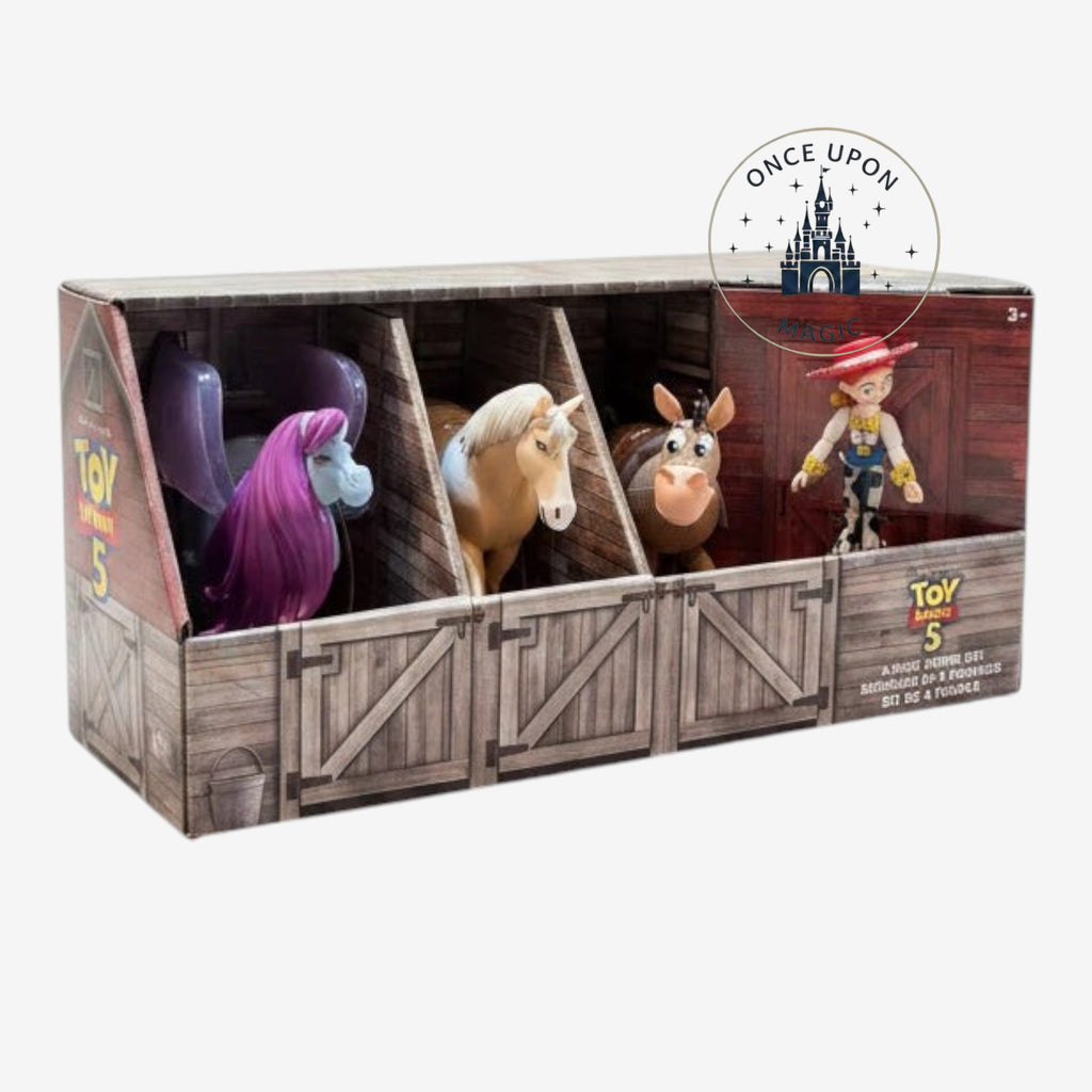Once Upon Magic Toy Story 5 horse figurine set featuring Jessie and three horses in a barn-style display box.