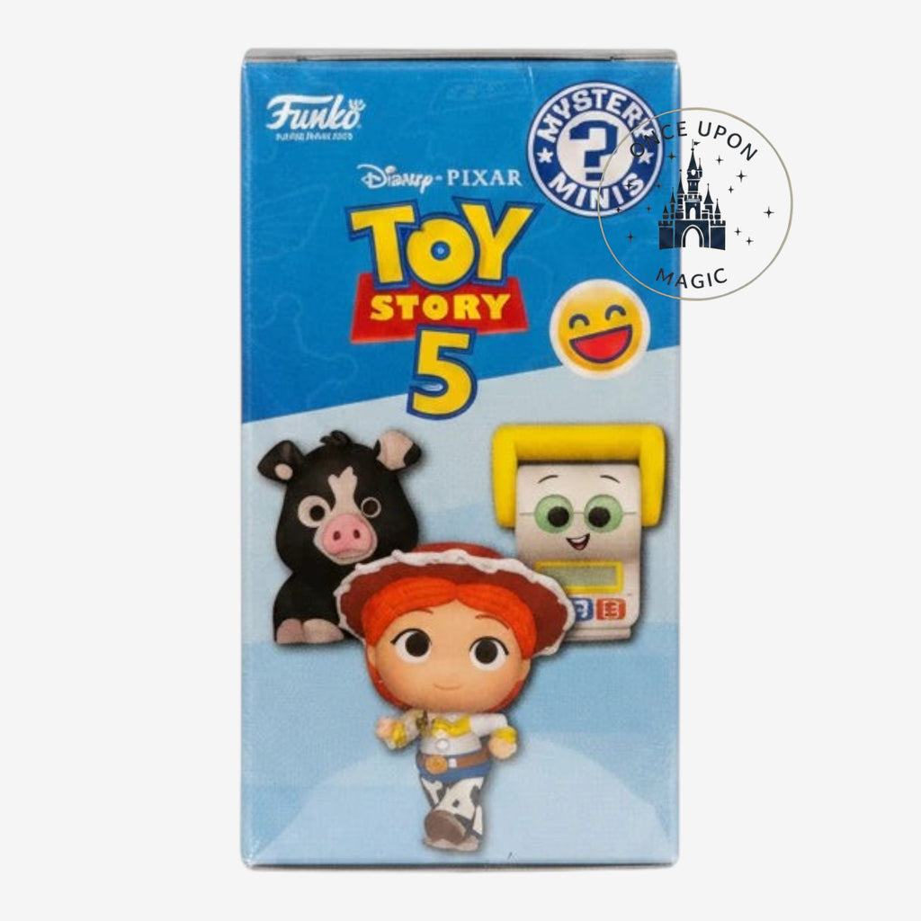 Once Upon Magic Toy Story 5 Funko Mystery Minis blind box featuring Jessie, a cow, and a calculator character.