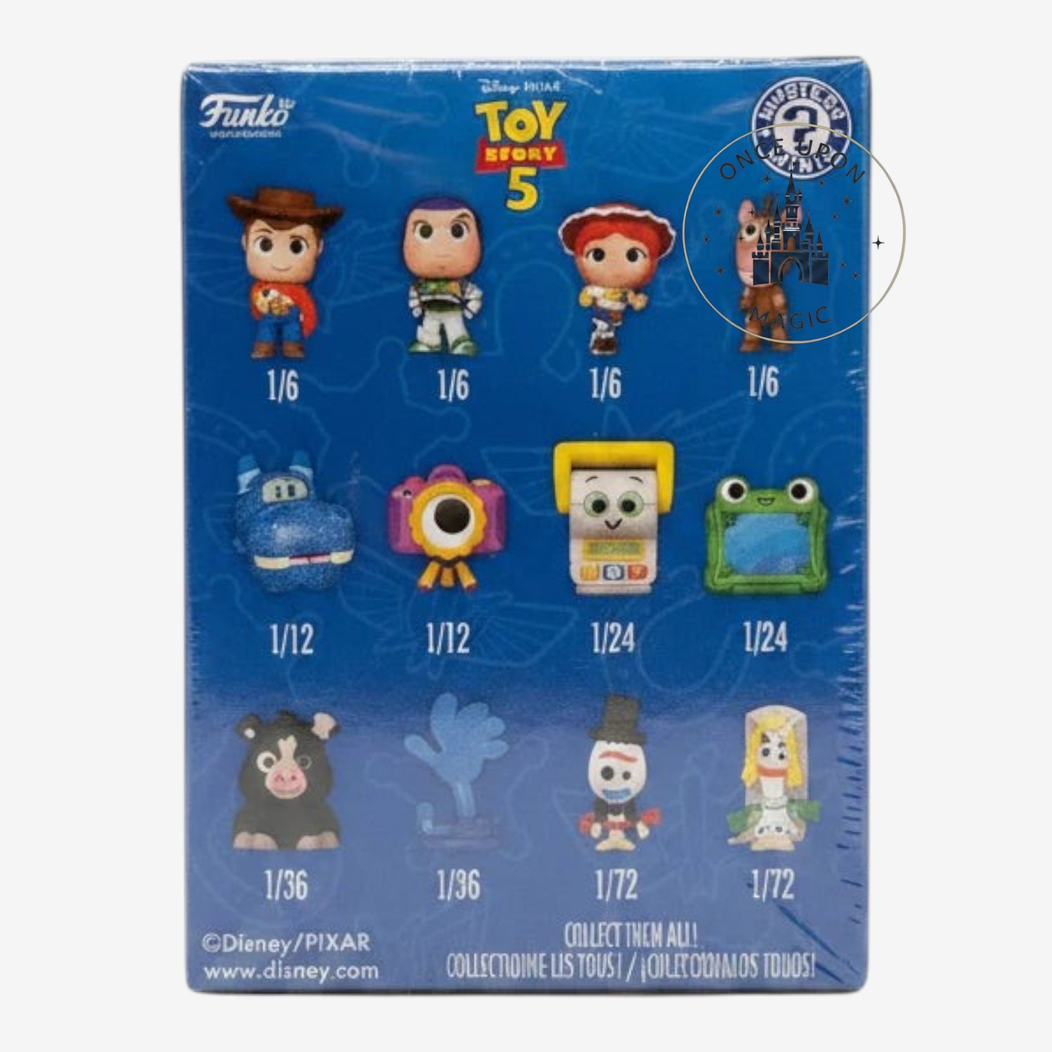 Once Upon Magic Toy Story 5 mystery box packaging showing a collection of twelve Disney Pixar character figurines