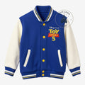 Once Upon Magic blue and cream Toy Story 5 varsity jacket for kids with embroidered logo and striped cuffs.