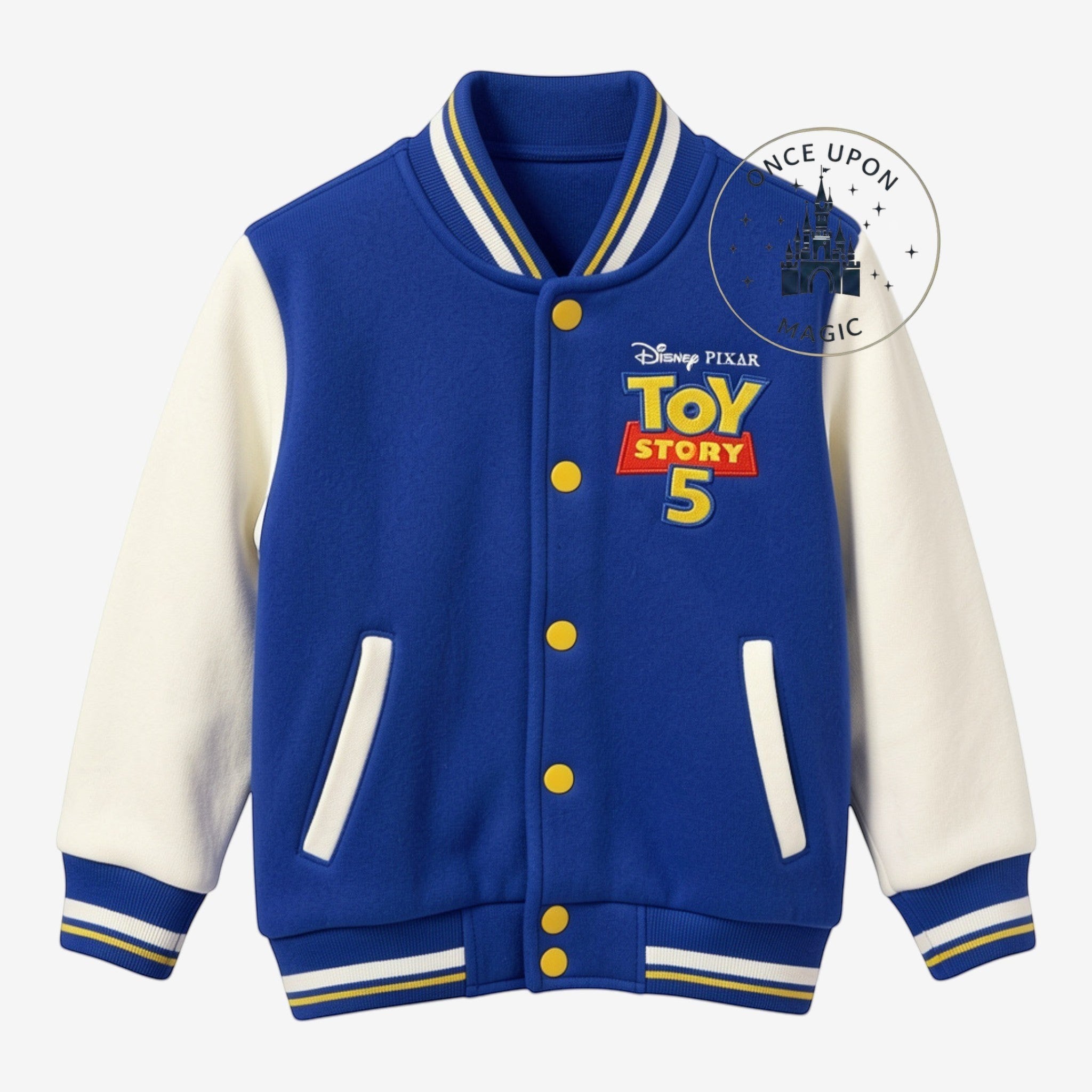 Once Upon Magic blue and cream Toy Story 5 varsity jacket for kids with embroidered logo and striped cuffs.