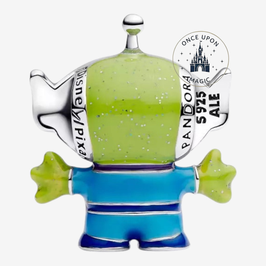 Once Upon Magic Toy Story Alien charm, green glitter head, blue striped outfit, for bracelets, Disneyland Paris