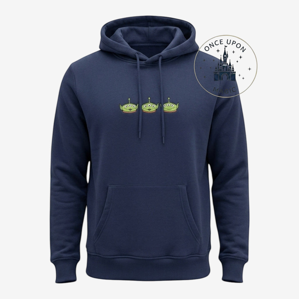 Once Upon Magic navy blue hoodie with embroidered Toy Story aliens on the chest. Comfortable, casual, and official Disneyland Paris merchandise.