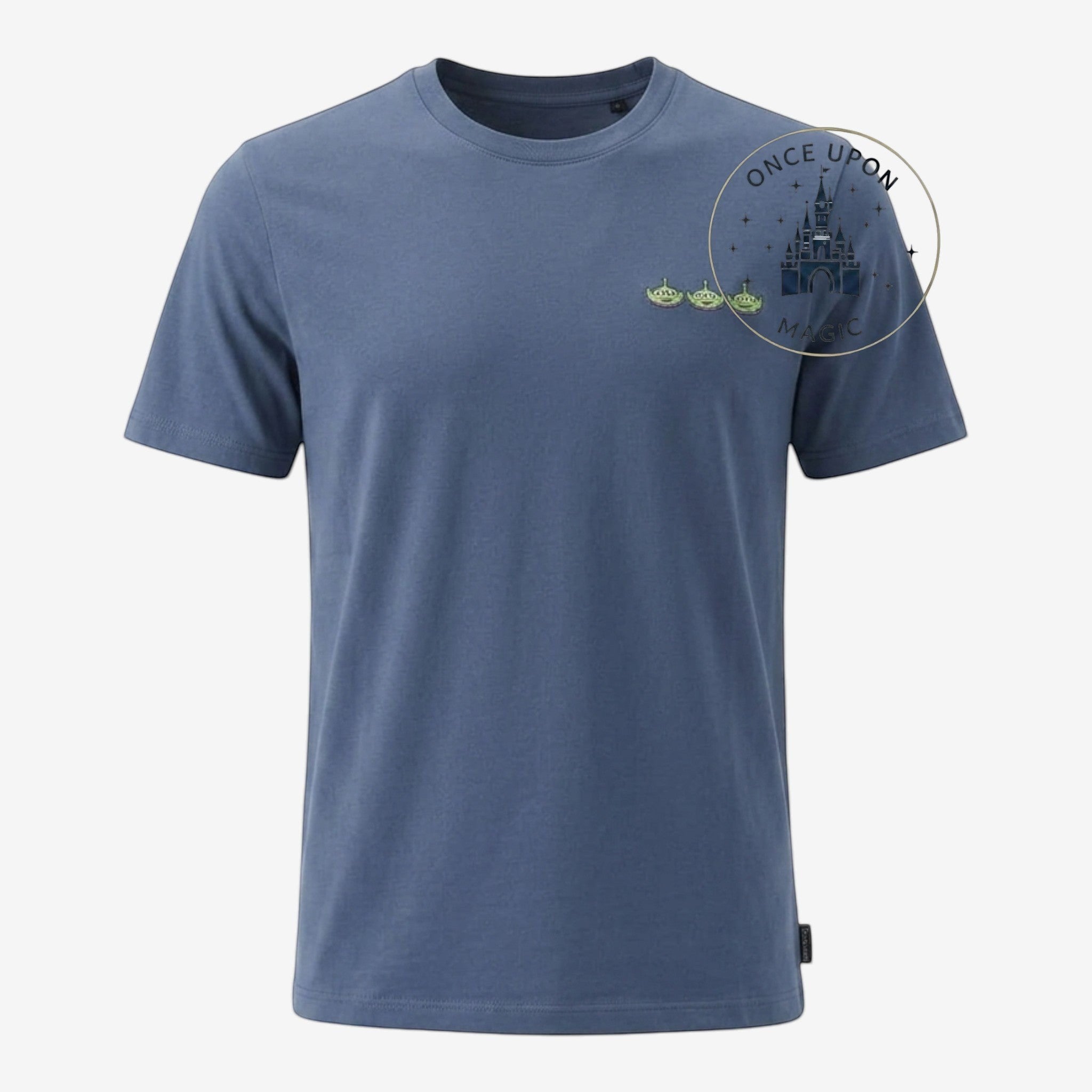 Once Upon Magic blue cotton t-shirt with embroidered Toy Story Aliens on the chest. Short sleeves, crew neck.