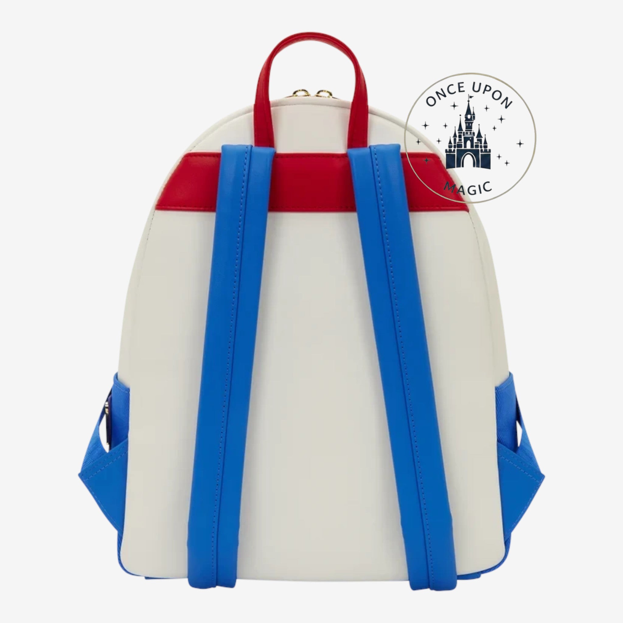 Once Upon Magic Toy Story Woody and Buzz Lightyear backpack in white faux leather with blue straps and red accents.