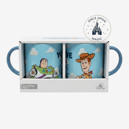 Once Upon Magic Toy Story ceramic mug gift set featuring Woody and Buzz Lightyear on a blue cloud background