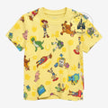 Once Upon Magic yellow short-sleeve t-shirt with all-over Toy Story character print, including Woody, Buzz, Jessie, and Rex.