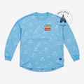 Once Upon Magic light blue Toy Story sweatshirt with white cloud pattern and chest logo, Disneyland Paris exclusive.