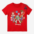 Once Upon Magic red cotton t-shirt with Toy Story characters Woody, Buzz, and Jessie, and Disneyland Paris logo.