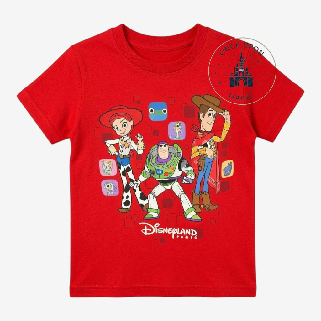 Once Upon Magic red cotton t-shirt with Toy Story characters Woody, Buzz, and Jessie, plus Disneyland Paris logo.