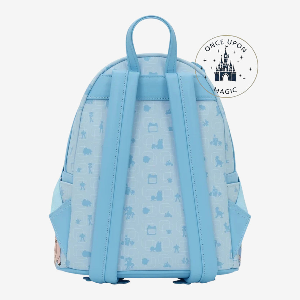 Once Upon Magic Toy Story Frog Tablet Backpack, light blue faux leather with all-over Toy Story character print and frog pocket.
