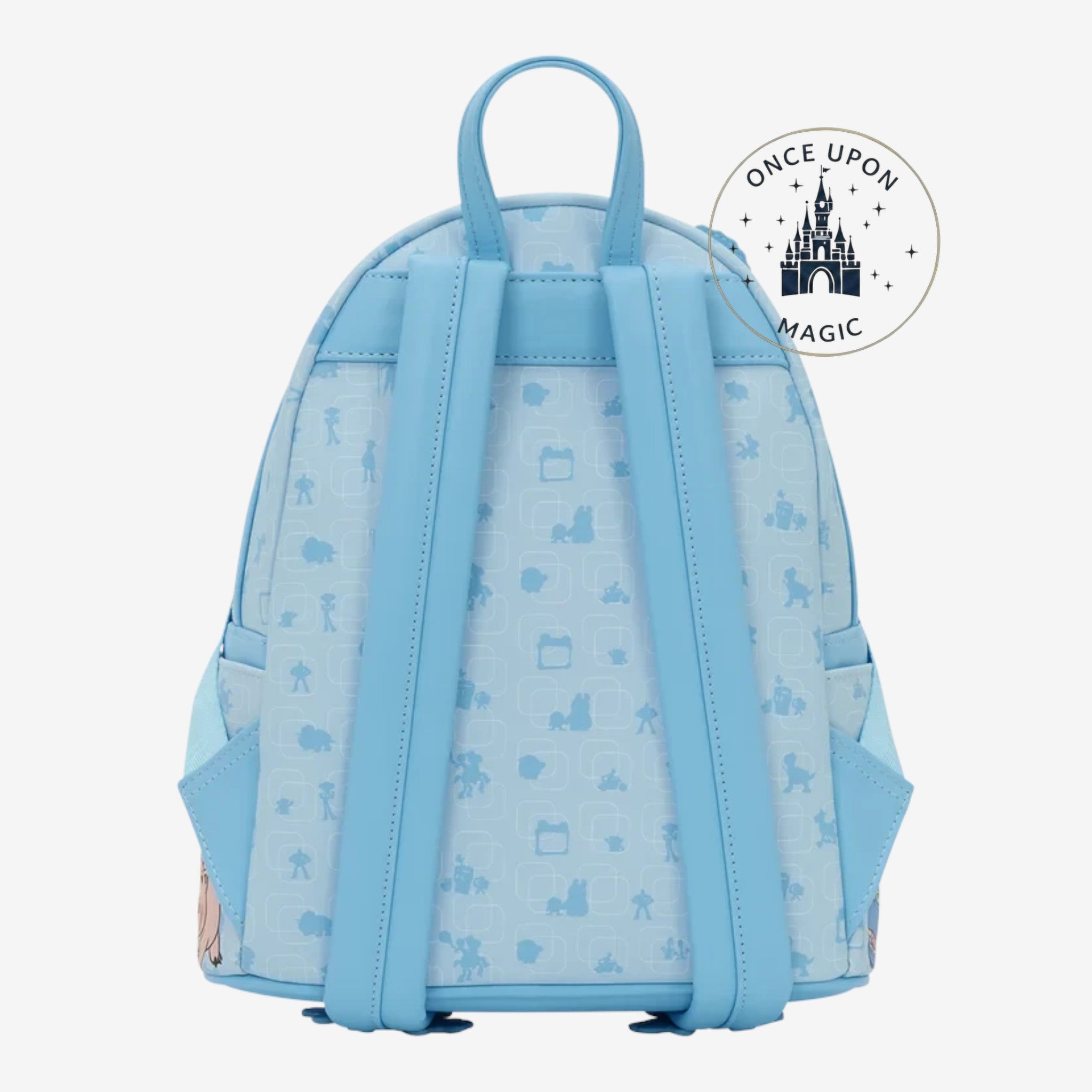 Once Upon Magic Toy Story Frog Tablet Backpack, light blue faux leather with all-over Toy Story character print and frog pocket.