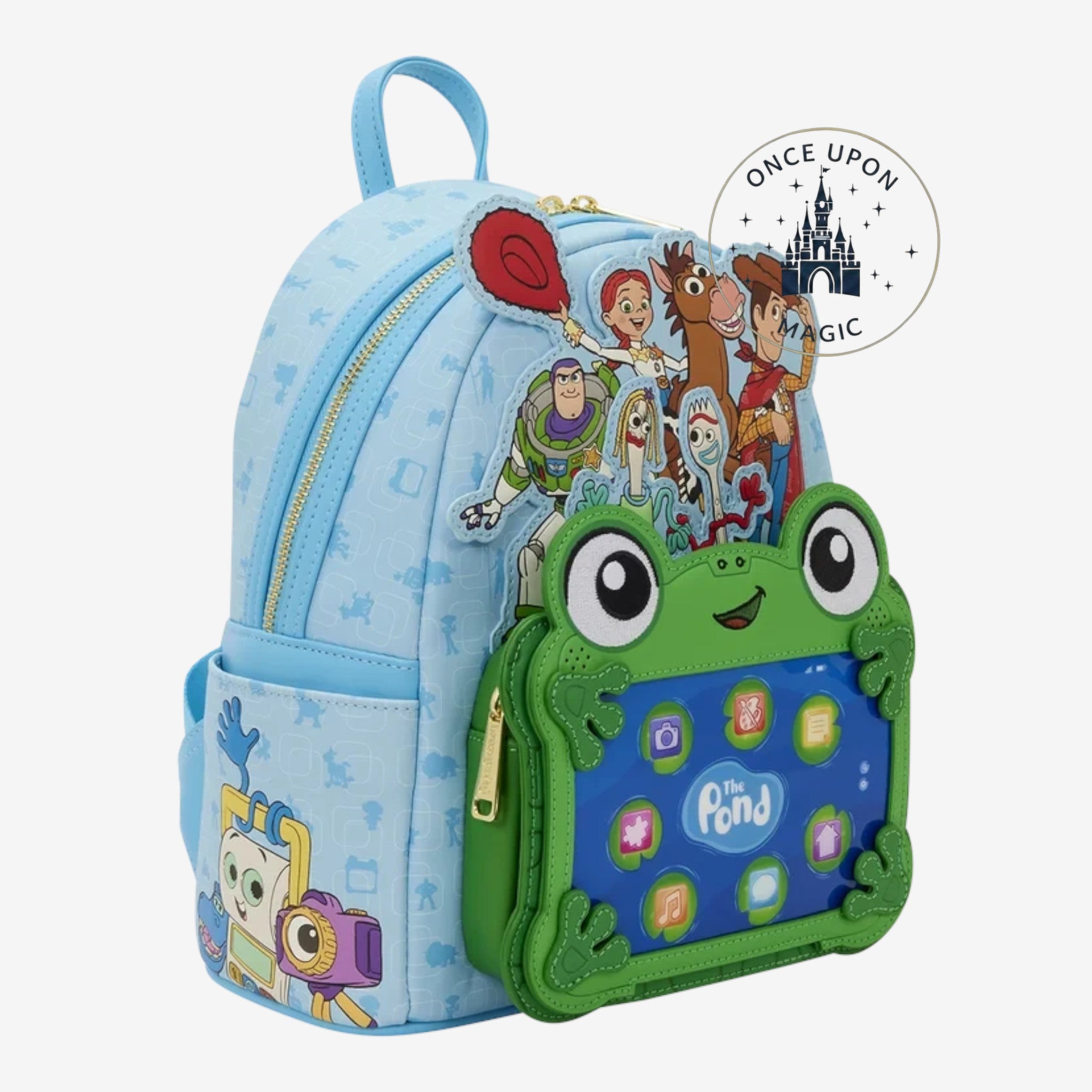 Once Upon Magic Toy Story Frog Tablet Backpack, light blue faux leather with Toy Story character print and frog pocket.