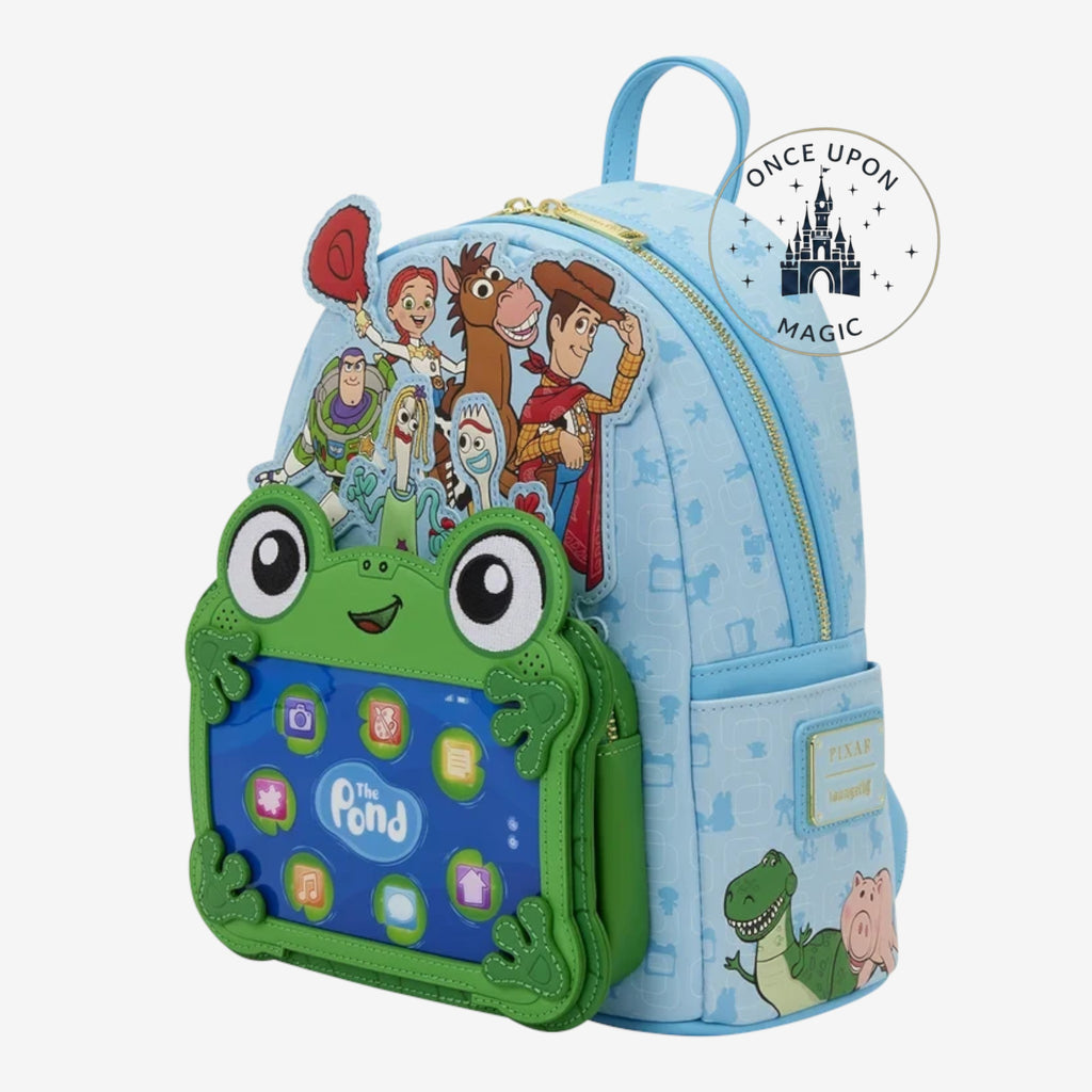 Once Upon Magic Toy Story frog tablet mini backpack, light blue faux leather with character print and frog pocket.