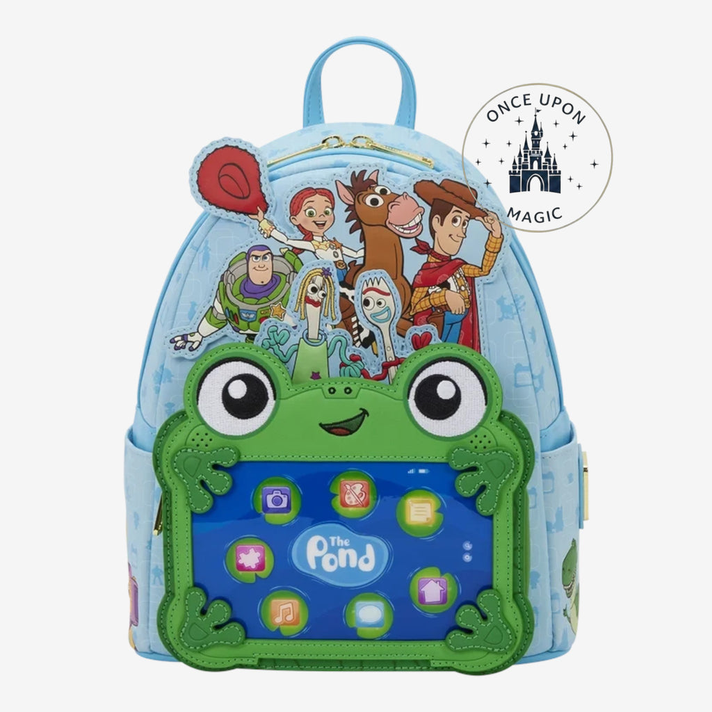 Once Upon Magic Toy Story Frog Tablet Backpack with Woody, Buzz, Jessie, Rex, Forky, and Bullseye. Light blue faux leather.