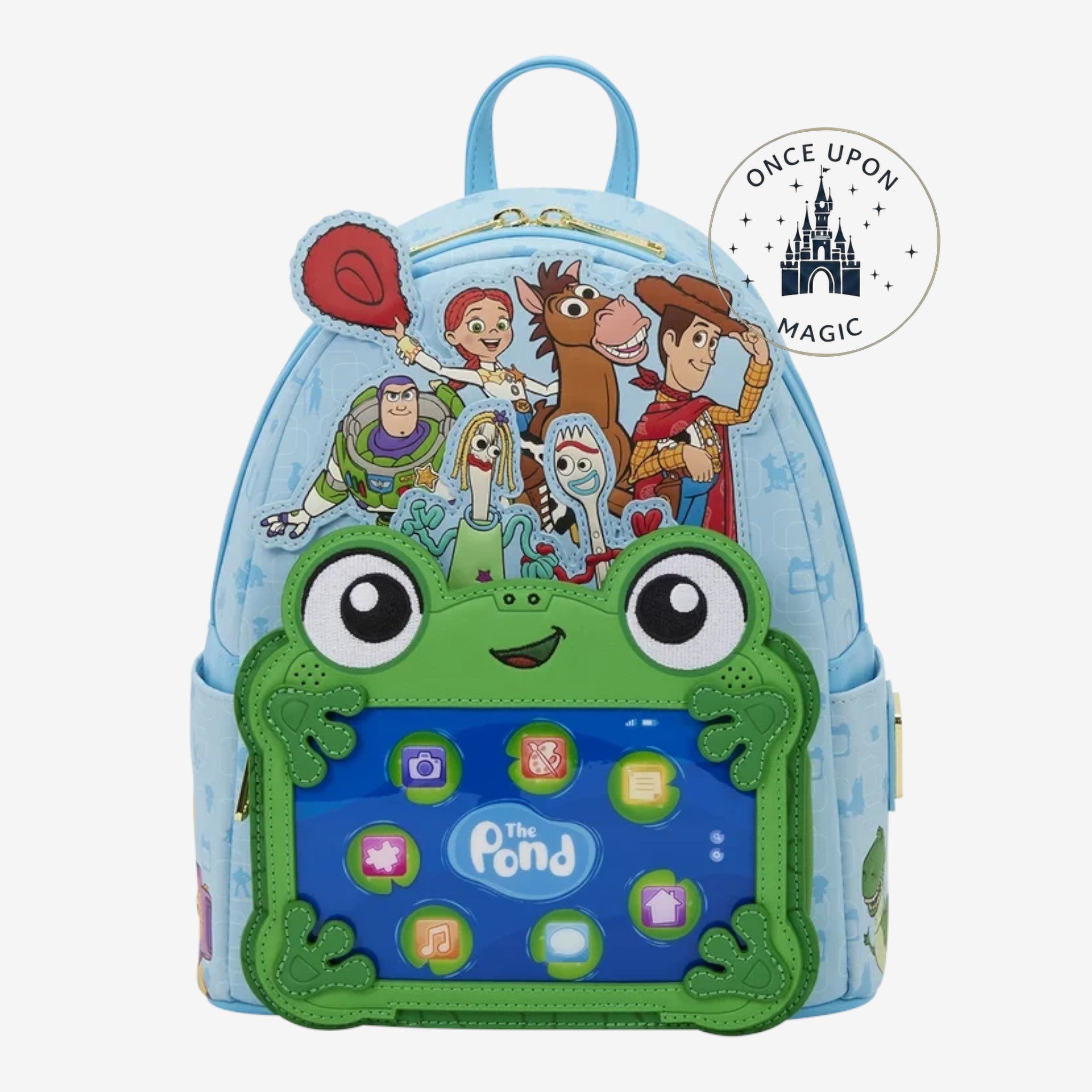 Once Upon Magic Toy Story Frog Tablet Backpack with Woody, Buzz, Jessie, Rex, Forky, and Bullseye. Light blue faux leather.