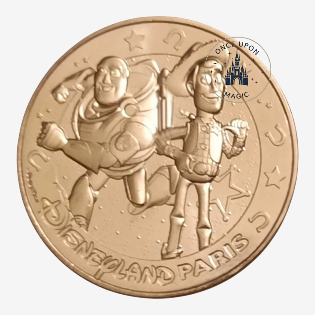 Once Upon Magic collectible Disneyland Paris 2025 medal featuring Buzz Lightyear and Woody from Toy Story
