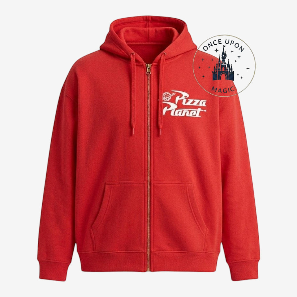 Once Upon Magic red zip-up hoodie with Pizza Planet logo on chest and Toy Story aliens graphic on back.