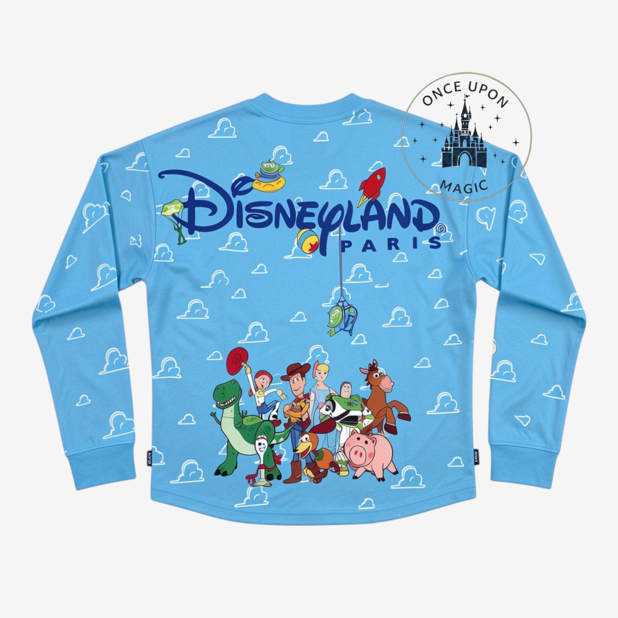 Once Upon Magic Toy Story sweatshirt in sky blue with cloud print and back graphic of Woody, Buzz, and friends.