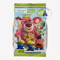 Once Upon Magic Toy Story Tricolor Pasta featuring characters like Lotso, Woody, Jessie, Buzz Lightyear, Rex, Mr. Potato Head, and aliens. Organic pasta shapes.
