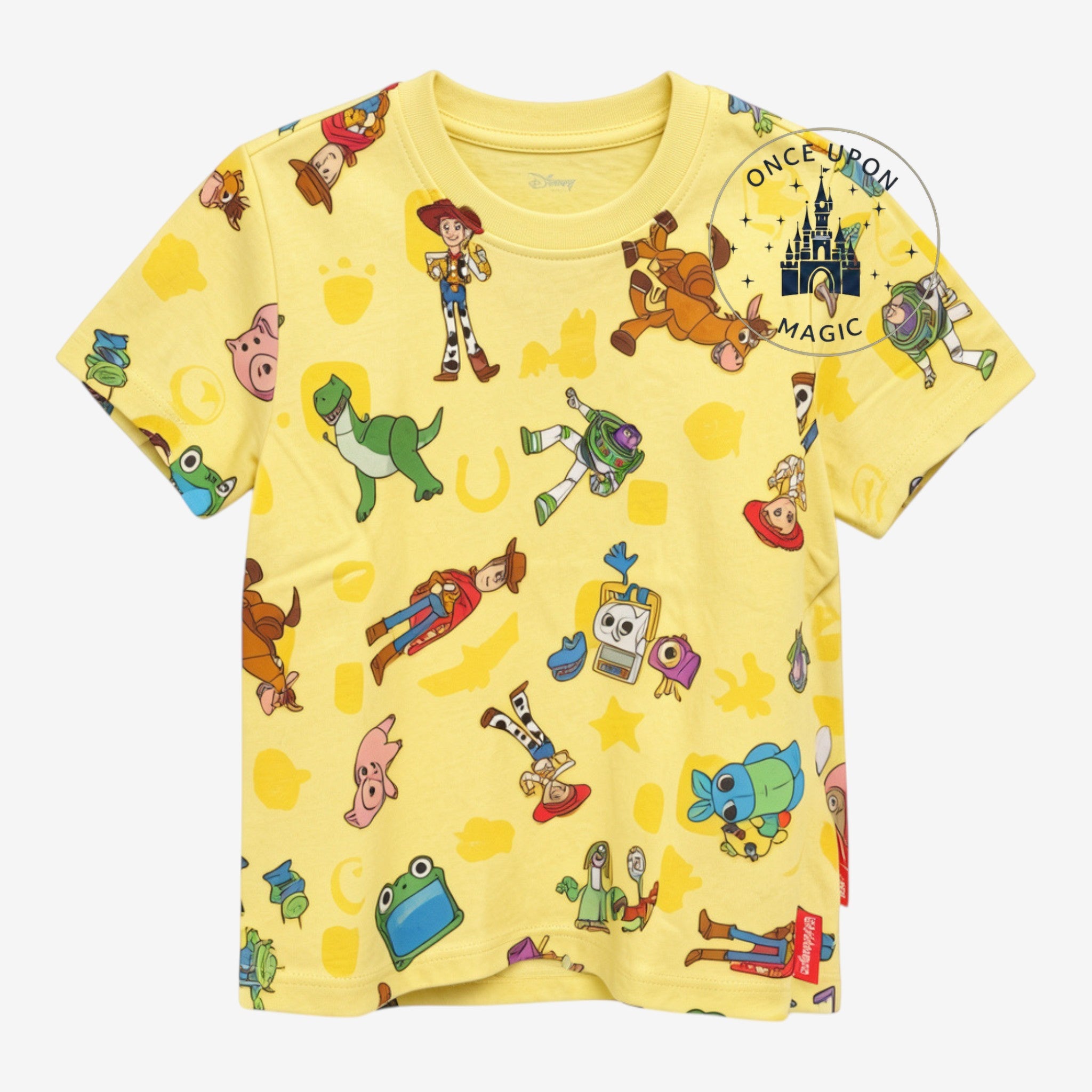 Once Upon Magic yellow t-shirt with all-over Toy Story character print, short sleeves, crew neck.