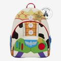 Once Upon Magic Toy Story backpack featuring Woody's sheriff badge and Buzz Lightyear's suit. Faux leather with adjustable straps.
