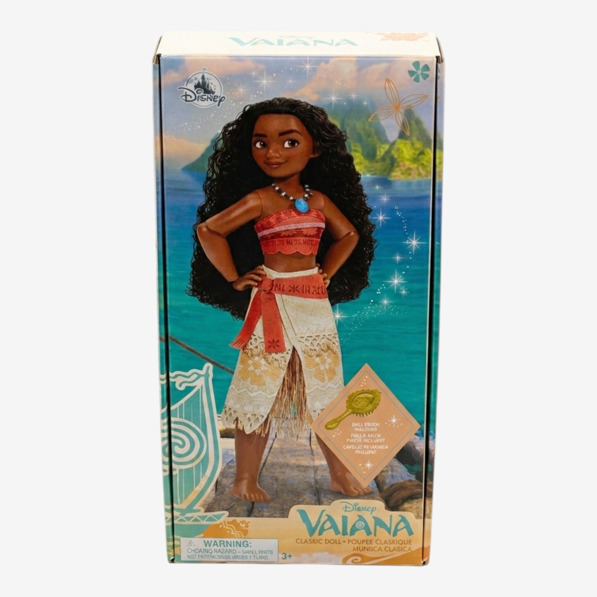 Once Upon Magic Disney Vaiana classic doll with coral red top, patterned skirt, and blue necklace. Includes brush.