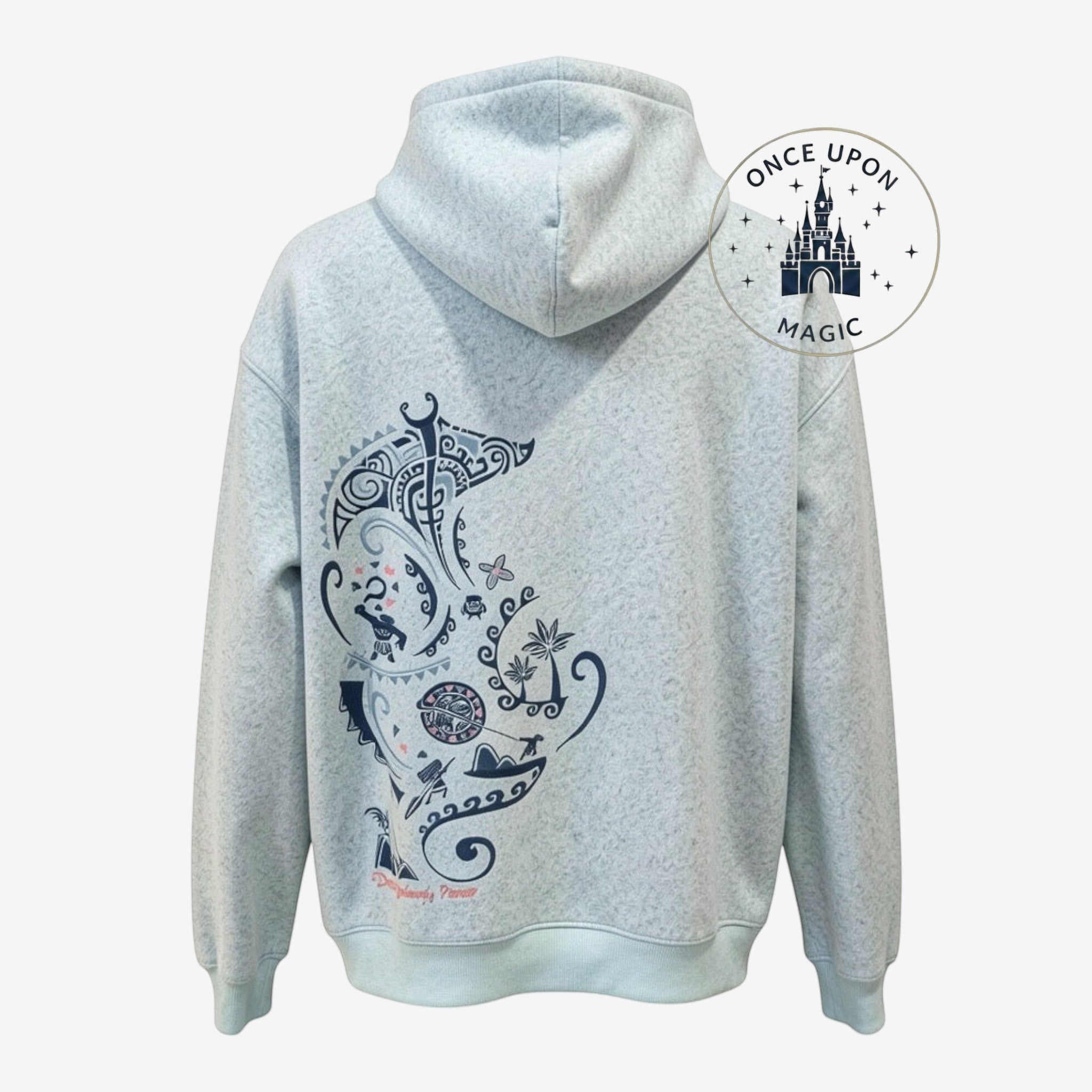 Once Upon Magic Vaiana hooded sweatshirt in light blue with intricate Polynesian-inspired graphic on the back