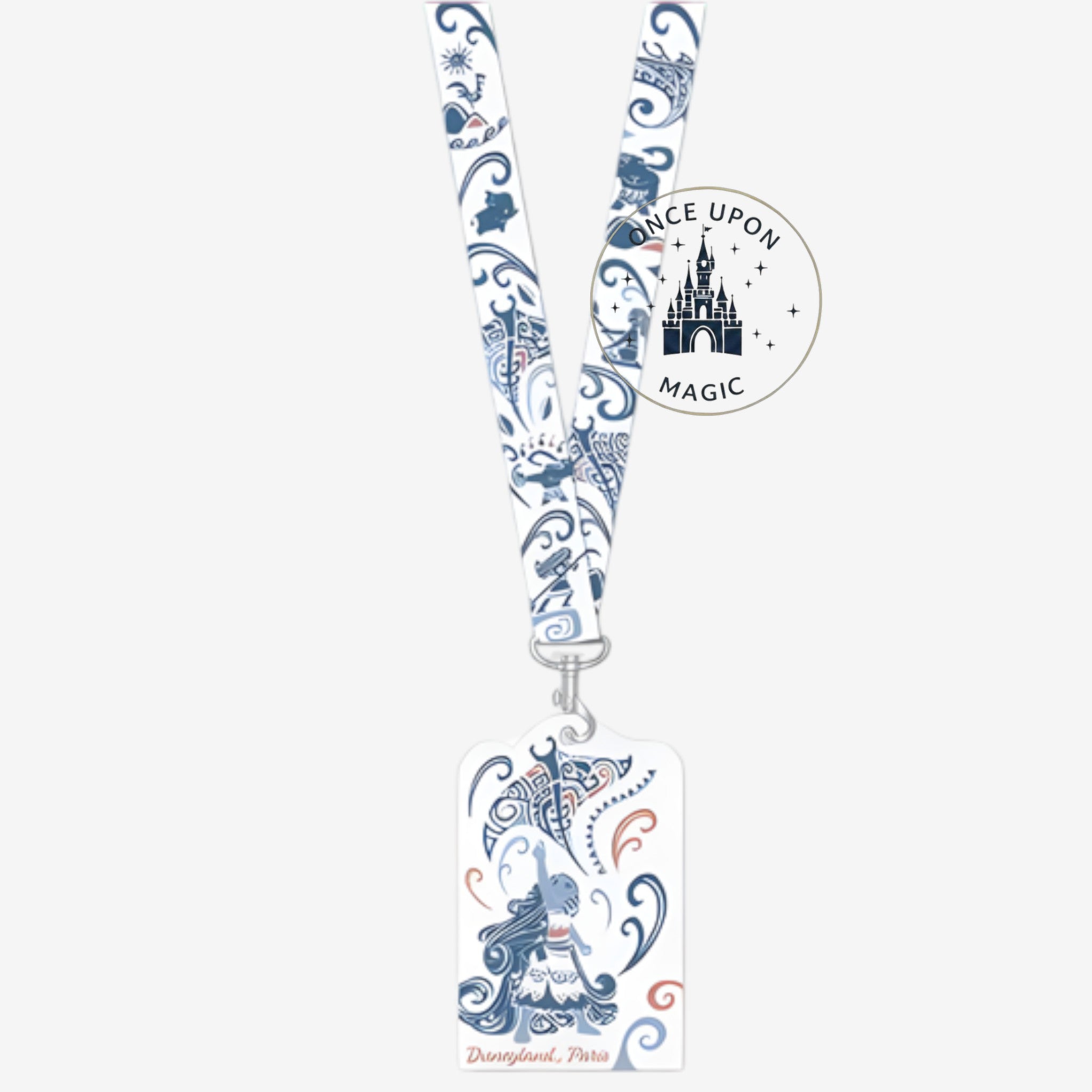 Once Upon Magic Vaiana lanyard with card holder featuring Polynesian-inspired patterns and Moana character art.