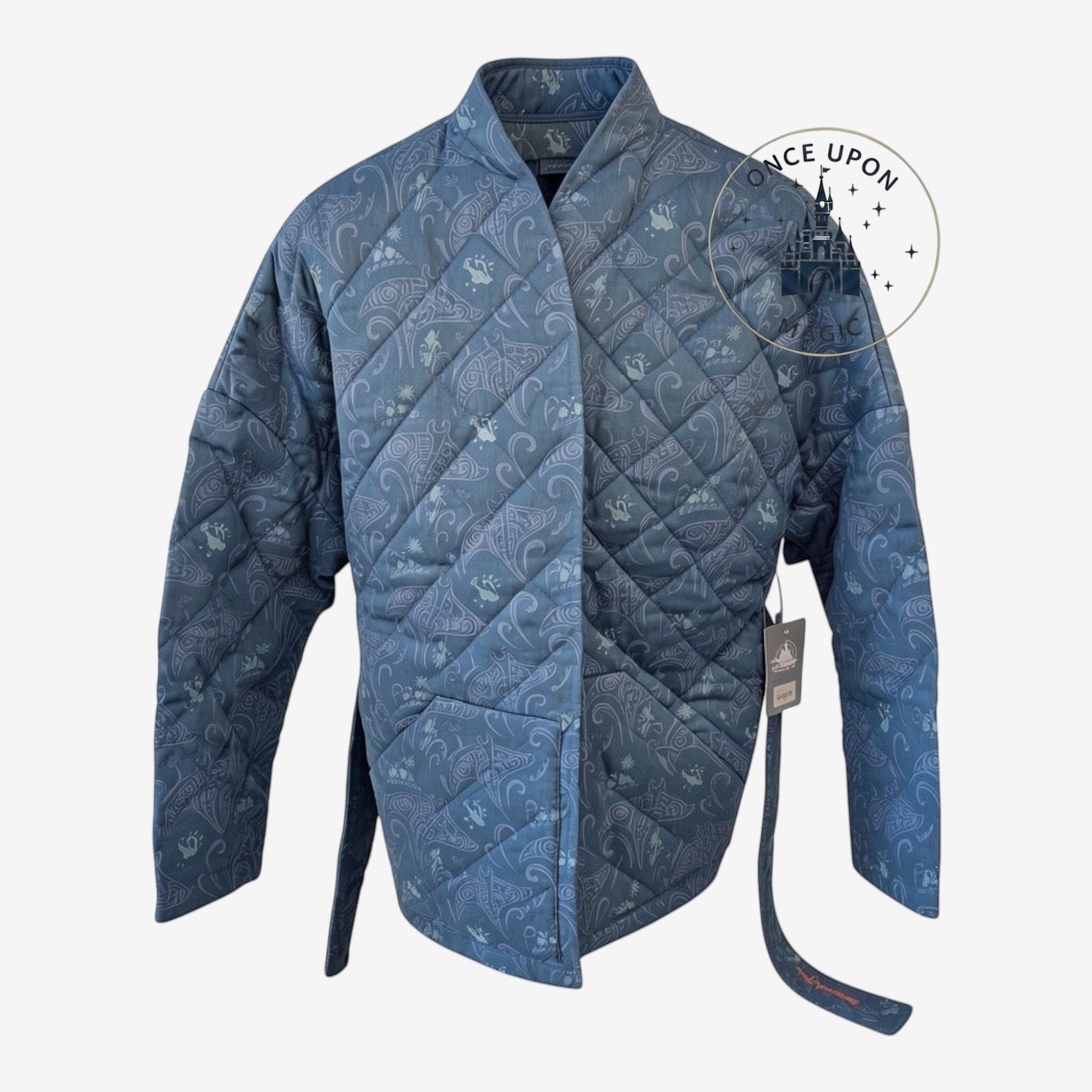 Once Upon Magic blue quilted Vaiana jacket with ocean-inspired patterns and a tie-waist belt.
