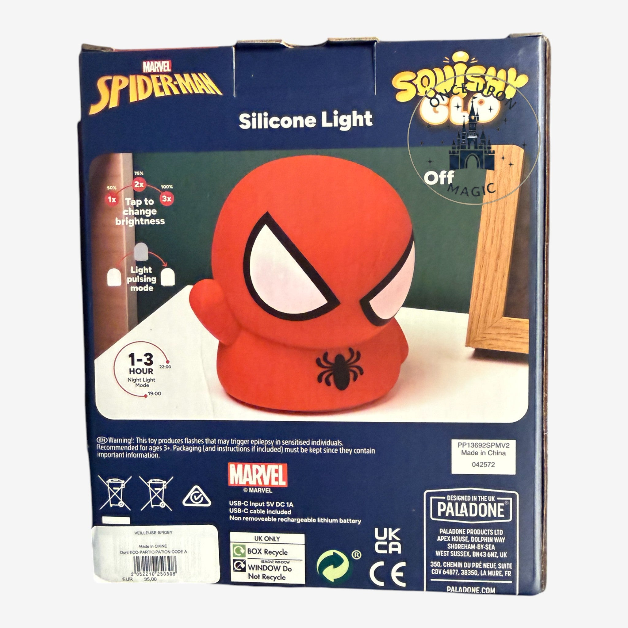 Once Upon Magic veilleuse Spider-Man en silicone rouge et blanc, malléable, avec 3 niveaux de luminosité et mode veilleuse.