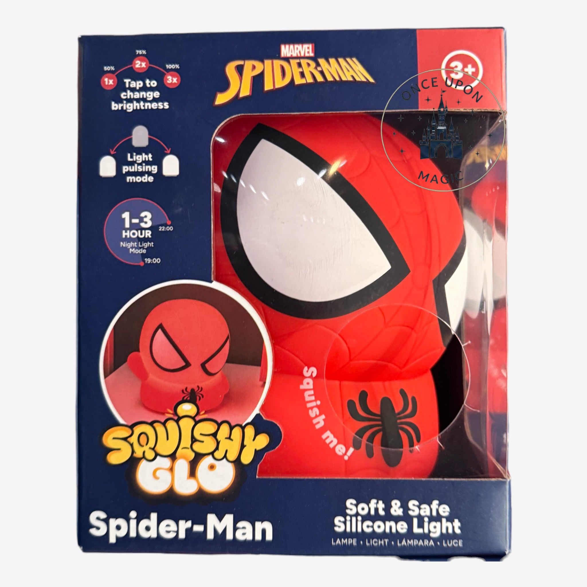Once Upon Magic Veilleuse Spider-Man en silicone rouge et blanc, douce et sûre, avec 3 niveaux de luminosité et mode pulsation.